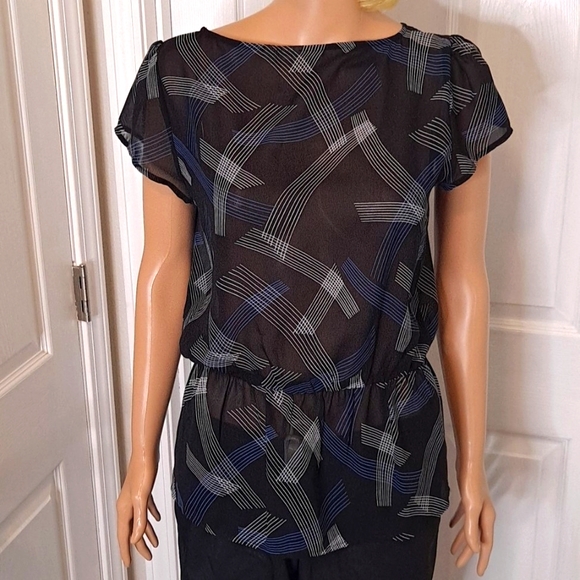 Halogen Nordstrom Short-Sleeve Black, Blue, and White See-Through Top - Picture 1 of 7